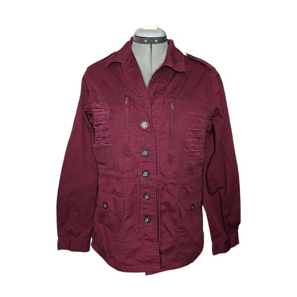 Women's Blue Age Red Mid-Length Distressed Denim Jacket, Size Medium - Picture 2 of 8